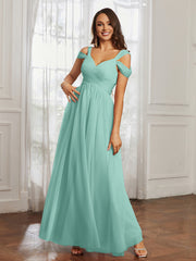 Cap Sleeve Tulle Ruched Floor-length Dress Turquoise Plus Size