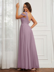 Cap Sleeve Tulle Ruched Floor-length Dress Vintage Mauve