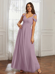 Cap Sleeve Tulle Ruched Floor-length Dress Vintage Mauve