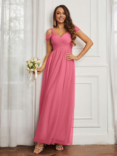 Cap Sleeve Tulle Ruched Floor-length Dress Watermelon