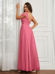 Cap Sleeve Tulle Ruched Floor-length Dress Watermelon