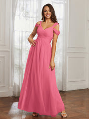 Cap Sleeve Tulle Ruched Floor-length Dress Watermelon