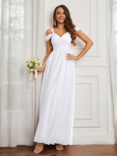 Cap Sleeve Tulle Ruched Floor-length Dress White