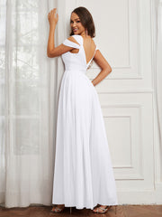 Cap Sleeve Tulle Ruched Floor-length Dress White