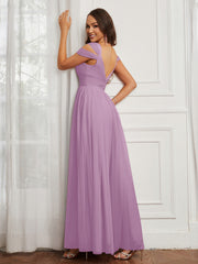 Cap Sleeve Tulle Ruched Floor-length Dress Wisteria
