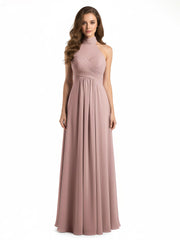 Illison High Neck Cross Bust Chiffon Dresses-Dusty Rose