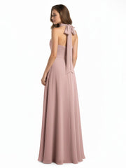 Illison High Neck Cross Bust Chiffon Dresses-Dusty Rose