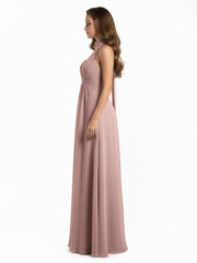 Illison High Neck Cross Bust Chiffon Dresses-Dusty Rose