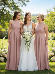 Illison High Neck Cross Bust Chiffon Dresses-Dusty Rose