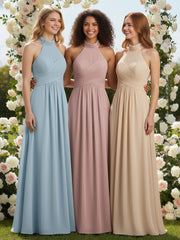 Illison High Neck Cross Bust Chiffon Dresses-Dusty Rose
