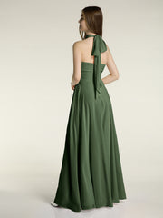 Illison High Neck Cross Bust Chiffon Dresses-Olive Green Plus Size