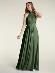 Illison High Neck Cross Bust Chiffon Dresses-Olive Green