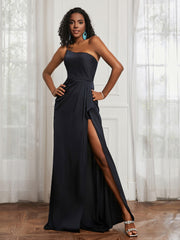 One Shoulder Ruched Sleeveless Dress With Slit Dark Navy Plus Size