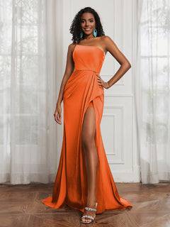 One Shoulder Ruched Sleeveless Dress With Slit Burnt Orange