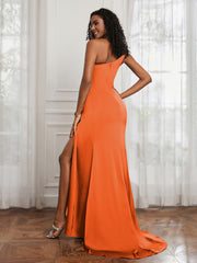 One Shoulder Ruched Sleeveless Dress With Slit Burnt Orange