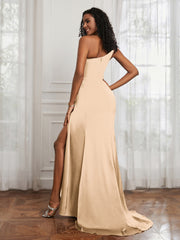 One Shoulder Ruched Sleeveless Dress With Slit Champagne Plus Size
