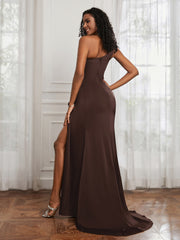 One Shoulder Ruched Sleeveless Dress With Slit Chocolate Plus Size