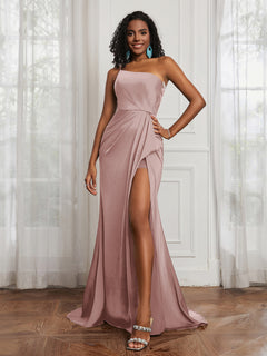 One Shoulder Ruched Sleeveless Dress With Slit Dusty Rose