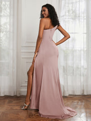 One Shoulder Ruched Sleeveless Dress With Slit Dusty Rose Plus Size