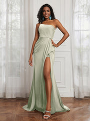One Shoulder Ruched Sleeveless Dress With Slit Dusty Sage