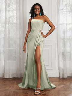 One Shoulder Ruched Sleeveless Dress With Slit Dusty Sage Plus Size