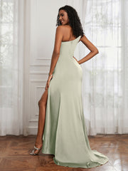 One Shoulder Ruched Sleeveless Dress With Slit Dusty Sage Plus Size