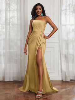 One Shoulder Ruched Sleeveless Dress With Slit Gold