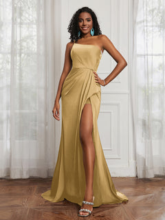 One Shoulder Ruched Sleeveless Dress With Slit Gold Plus Size