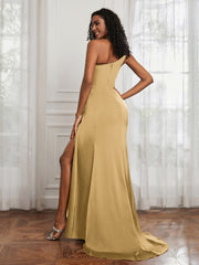 One Shoulder Ruched Sleeveless Dress With Slit Gold