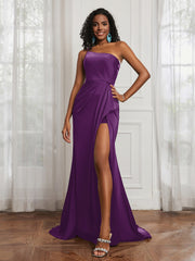 One Shoulder Ruched Sleeveless Dress With Slit Grape Plus Size