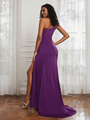 One Shoulder Ruched Sleeveless Dress With Slit Grape Plus Size