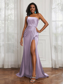 One Shoulder Ruched Sleeveless Dress With Slit Lilac