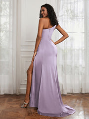 One Shoulder Ruched Sleeveless Dress With Slit Lilac
