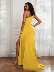 One Shoulder Ruched Sleeveless Dress With Slit Marigold