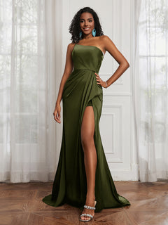 One Shoulder Ruched Sleeveless Dress With Slit Olive Green