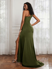 One Shoulder Ruched Sleeveless Dress With Slit Olive Green