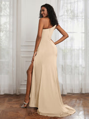 One Shoulder Ruched Sleeveless Dress With Slit Peach