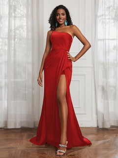 One Shoulder Ruched Sleeveless Dress With Slit Red