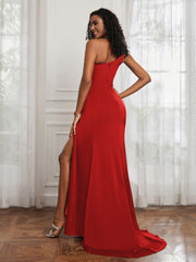 One Shoulder Ruched Sleeveless Dress With Slit Red