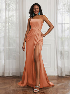One Shoulder Ruched Sleeveless Dress With Slit Rust