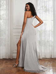 One Shoulder Ruched Sleeveless Dress With Slit Silver