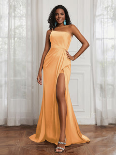 One Shoulder Ruched Sleeveless Dress With Slit Tangerine