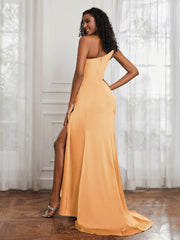 One Shoulder Ruched Sleeveless Dress With Slit Tangerine
