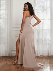 One Shoulder Ruched Sleeveless Dress With Slit Taupe