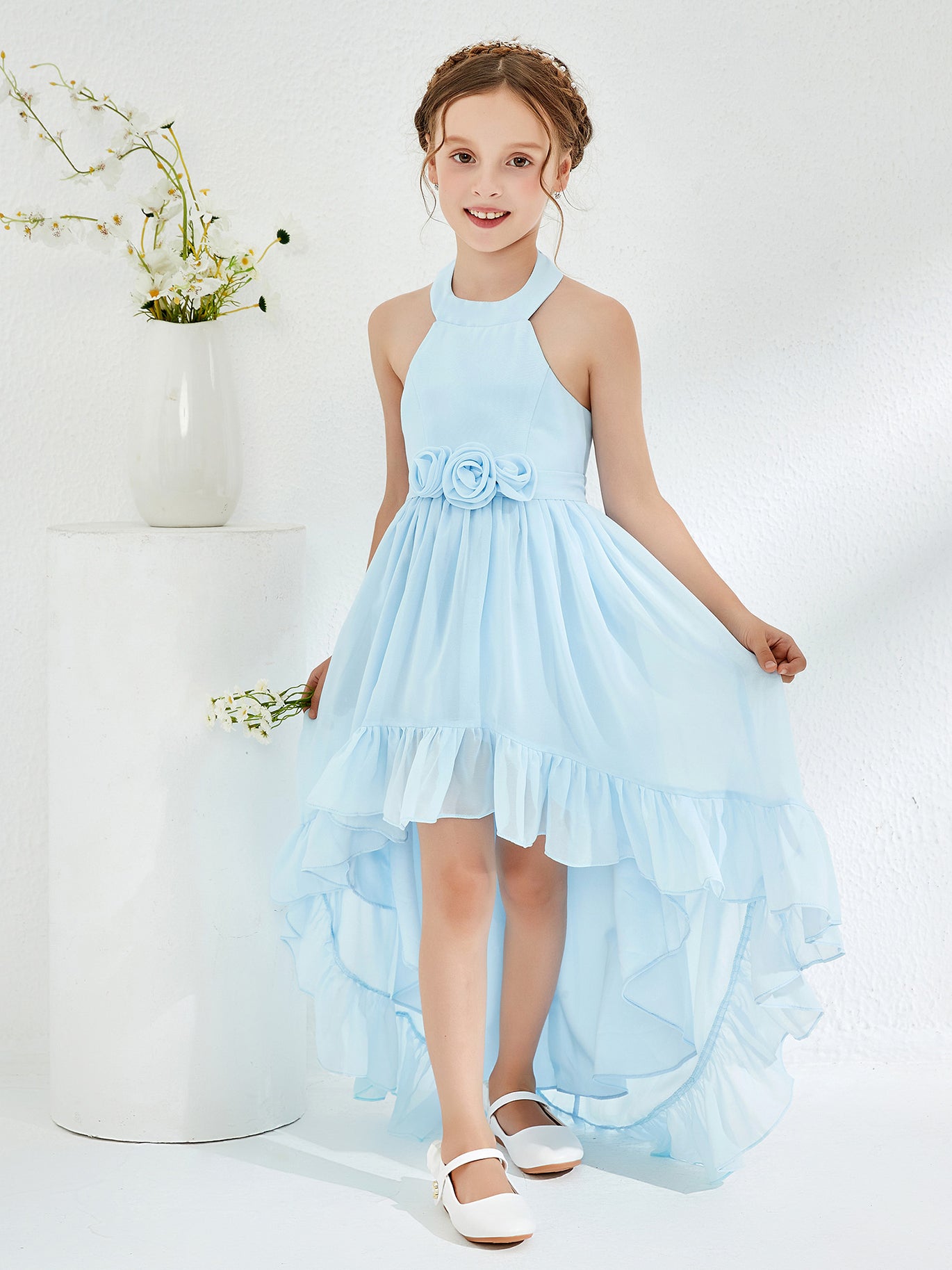 one shoulder junior dresses One-Shoulder Sleeveless High Low Junior Bridesmaid Dresses with Sash, Blush Pink