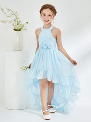 Asymmetrical A-line Junior Bridesmaid Dresses with Flower Sky Blue