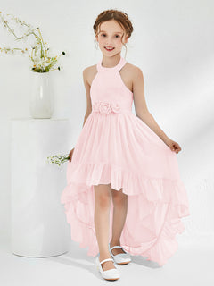 Asymmetrical A-line Junior Bridesmaid Dresses with Flower Blushing Pink