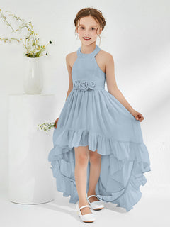 Asymmetrical A-line Junior Bridesmaid Dresses with Flower Dusty Blue