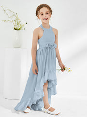Asymmetrical A-line Junior Bridesmaid Dresses with Flower Dusty Blue