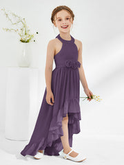 Asymmetrical A-line Junior Bridesmaid Dresses with Flower Plum